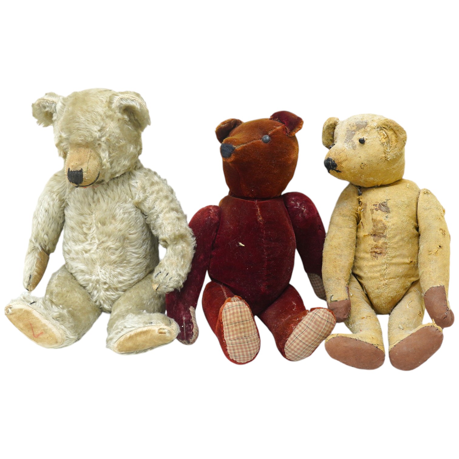 Three bears, one Chiltern 1950's. Condition - good, missing eyes, height 46cm, 1930's plush ear, button eyes. Condition - faded, height 42cm, 1930's bear, height 40cm. Condition - poor.